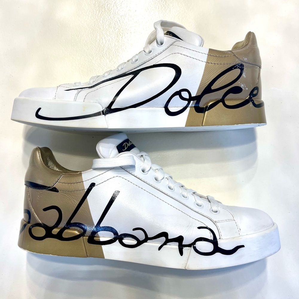 Dolce & Gabbana Portofino White & Gold With Black Logo Printed Sneakers